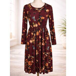 Reborn J Floral Burgundy Long-Sleeve Midi Dress with Elastic Waistband Size Smal